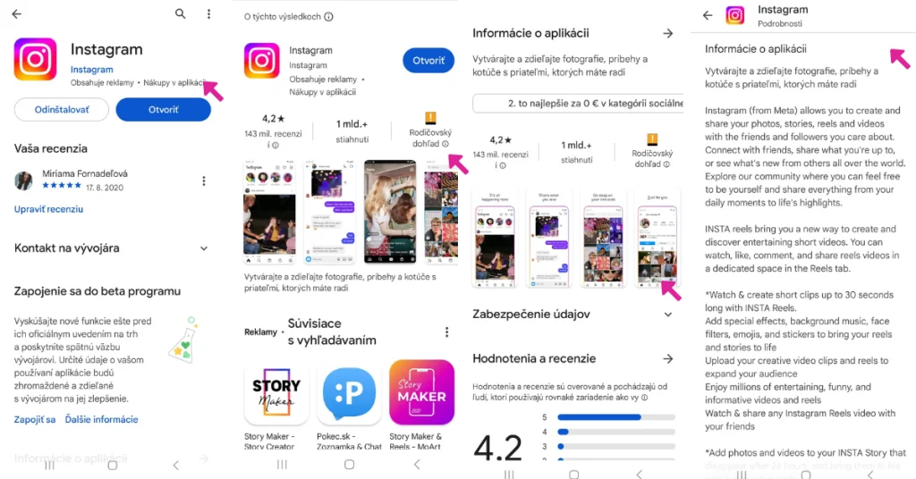 Zobrazenie aplikácie Instagram v Google Play na mobile