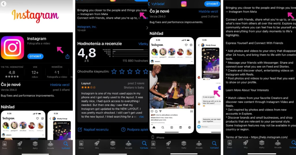 Zobrazenie aplikácie Instagram v App Store na mobile