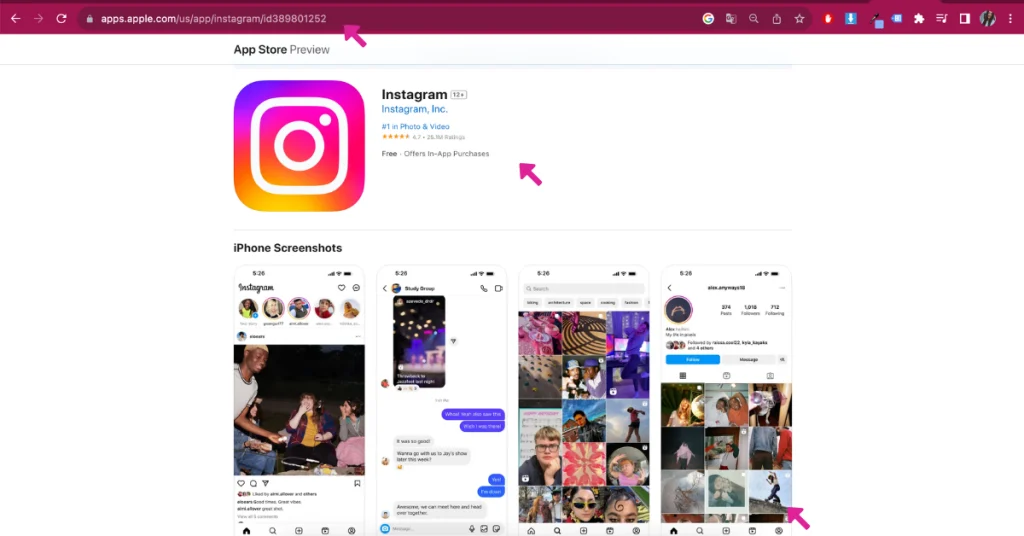 Zobrazenie aplikácie Instagram v Apple App Store na desktope